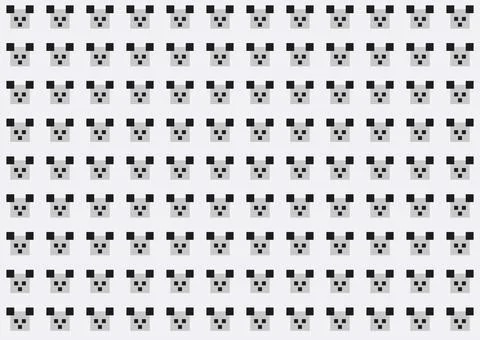 Seamless pattern featuring minimalist, retro-style pixel art panda faces. Stockillustratie