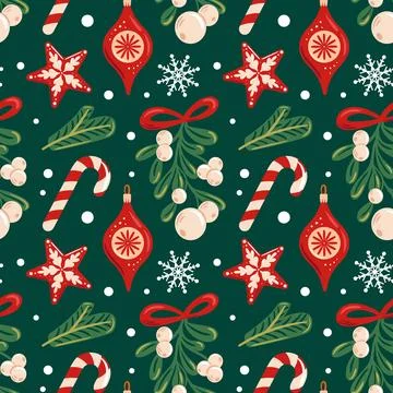 Seamless pattern featuring mistletoe, candy canes, Christmas ornaments, and 스톡 일러스트