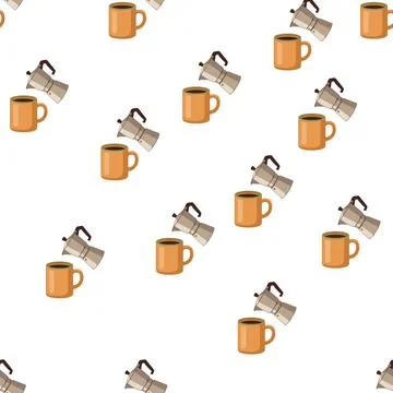 Seamless Pattern Featuring Moka Pots And Coffee Mugs On White Background. Stock Illustration
