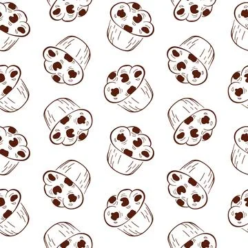 Seamless pattern featuring muffins with chocolate chips in a minimalist line art Stock Illustration