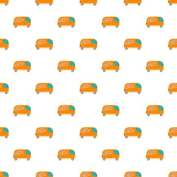 Seamless pattern featuring multiple pizza delivery vans Stock Illustration