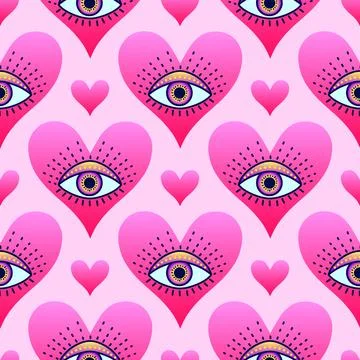Seamless pattern featuring mystical eyes within pink gradient hearts , comb.. Stock Illustration
