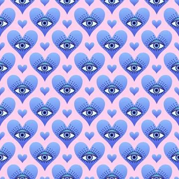Seamless pattern featuring mystical eyes within pink gradient hearts , comb.. Stock Illustration