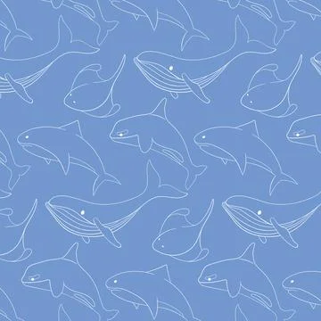 Seamless pattern featuring outline illustration of marine animal, including Stock Illustration