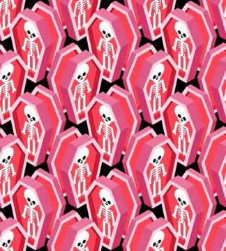 Seamless pattern featuring pink coffins with skeletons. Spooky and quirky H.. Stock Illustration