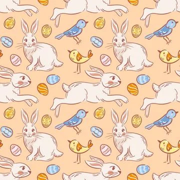 A seamless pattern featuring playful Easter bunnies, cheerful birds, and beau Stock Illustration