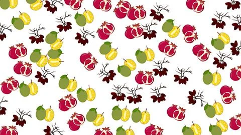 Seamless pattern featuring pomegranate and tropical fruit illustrations on .. Stock Illustration
