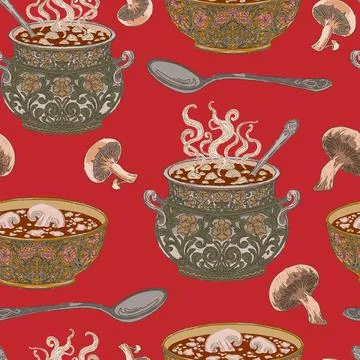 A seamless pattern featuring a pot of tomato and mushroom soup. This vintage  Stock Illustration