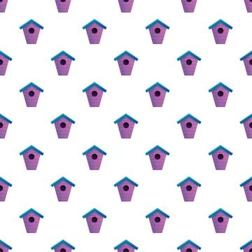 Seamless pattern featuring purple birdhouses with blue roofs 스톡 일러스트
