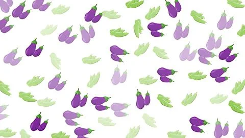 Seamless pattern featuring purple eggplants and green bitter melons on whit.. Stock Illustration