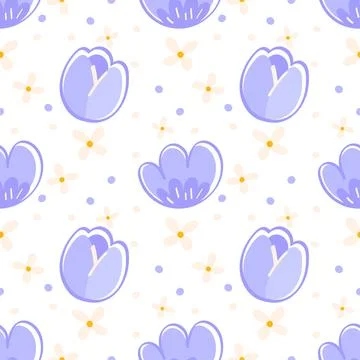 Seamless pattern featuring purple tulip and scallop-style florals with beig.. Stock Illustration