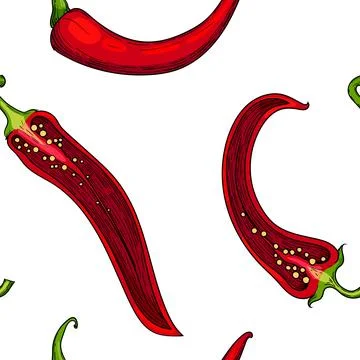 Seamless pattern featuring red chili peppers with green stems. Hand-drawn Stock Illustration