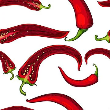 Seamless pattern featuring red chili peppers with green stems. Hand-drawn Stock Illustration