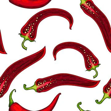 Seamless pattern featuring red chili peppers with green stems. Hand-drawn dec Stock Illustration