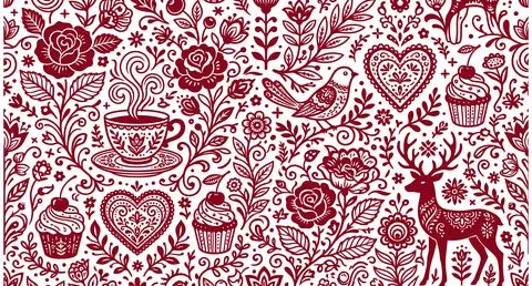 Seamless pattern featuring red floral hearts and winter forest elements Stock-Illustration