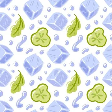 Seamless pattern featuring refreshing elements such as ice cubes, splashes Stock Illustration