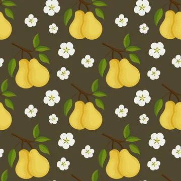 Seamless pattern featuring ripe pears and delicate flowers Stock Illustration