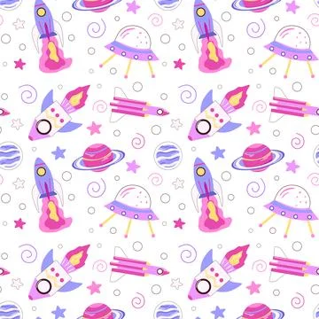 Seamless pattern featuring rockets, UFOs, planets, and stars in a playful. Stock Illustration