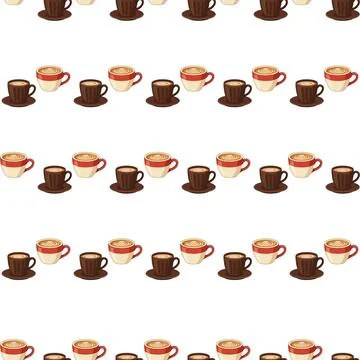 Seamless Pattern Featuring Rows Of Various Coffee Cups And Mugs. Stock Illustration