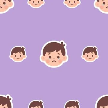 Seamless Pattern Featuring Sad Boy Emoticons on a Soft Purple Background イラスト素材