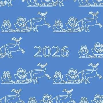 Seamless pattern featuring Santa Claus, reindeer and 2026 number on blue ba.. 스톡 일러스트