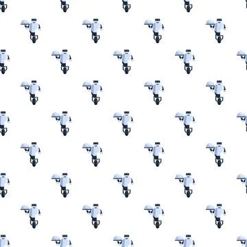 Seamless pattern featuring serving robots on white background Illustrazione stock