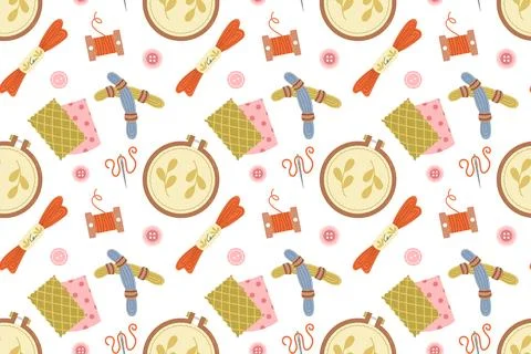 Seamless pattern featuring a sewing kit, a collection of hand-drawn flat-styl Stock Illustration