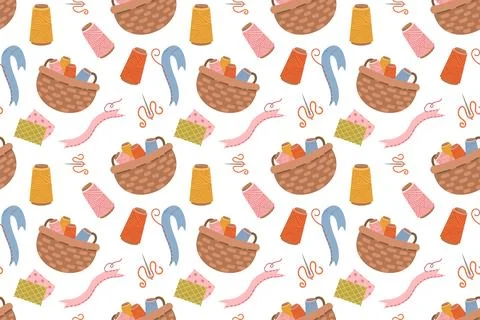 Seamless pattern featuring a sewing kit, collection sewing tools in a flat .. Stock Illustration