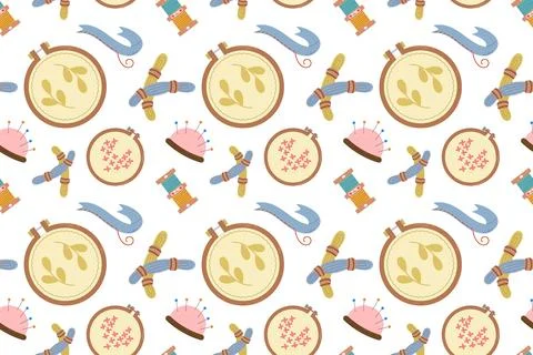 Seamless pattern featuring a sewing kit, a collection sewing tool and accesso Stock Illustration