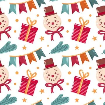 Seamless pattern featuring a snowman, bunting flags, Christmas tree, and gift 스톡 일러스트