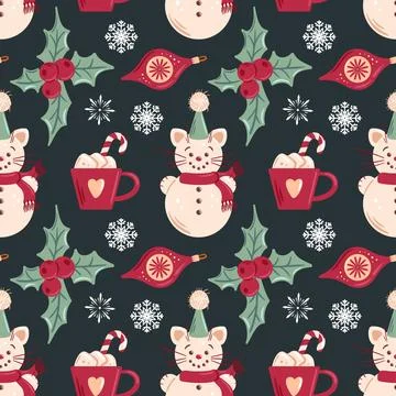 Seamless pattern featuring a snowman cat, holly leaves, hot chocolate, and candy Stock Illustration