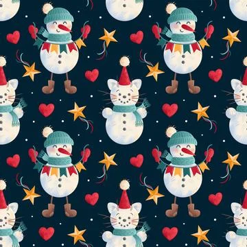 Seamless pattern featuring a snowman with a flag garland and a whimsical snow Illustrazione stock
