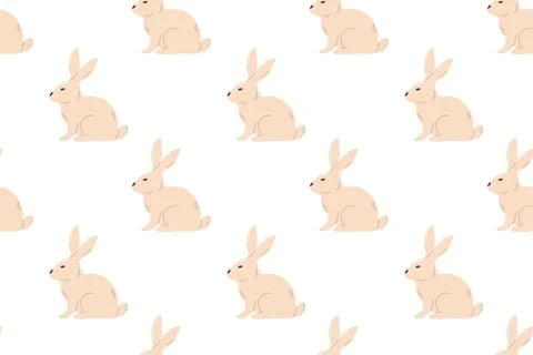 A seamless pattern featuring soft beige bunnies on a white background. Stock Illustration