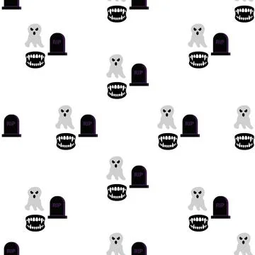 Seamless Pattern Featuring Spooky Ghosts Tombstones and Vampire Teeth for H.. Stock Illustration