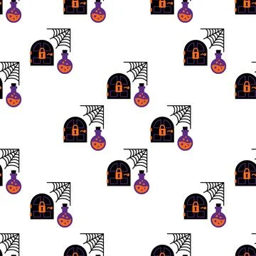 Seamless Pattern Featuring Spooky Halloween Elements Like Magic Potions And.. Stock Illustration