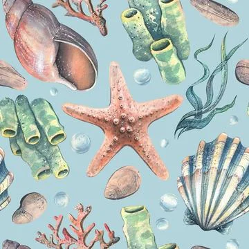 Seamless pattern featuring starfish, green corals and seashells in refreshing Stock Illustration