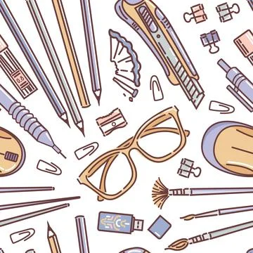 A seamless pattern featuring stationery supplies, including pencils, sharpeners Stock Illustration