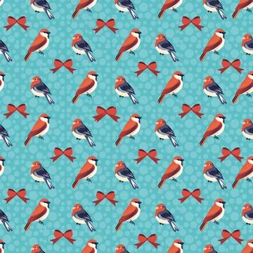 Seamless pattern featuring stylized birds and red bows on a blue polka dot .. Stock Illustration