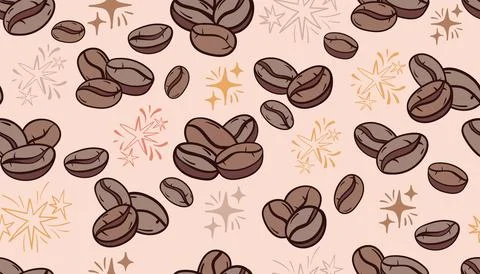 A seamless pattern featuring stylized coffee beans and sparks in doodle ske.. イラスト素材
