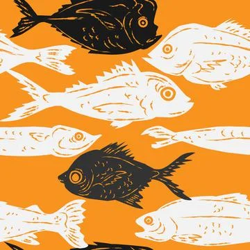 Seamless pattern featuring stylized fish in a linocut or hand-printed graphic Stock Illustration