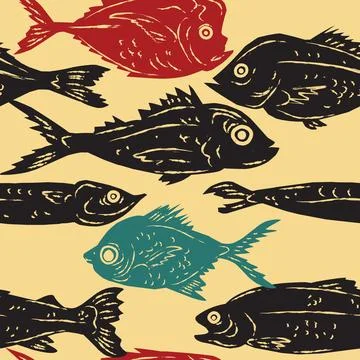 Seamless pattern featuring stylized fish in a linocut or hand-printed graphic Stock Illustration