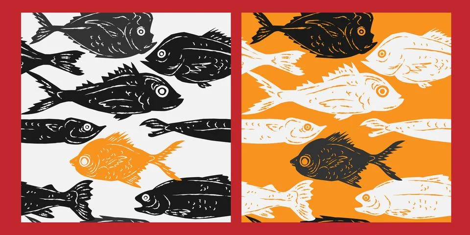 Seamless pattern featuring stylized fish in a linocut or hand-printed graphic Stock Illustration