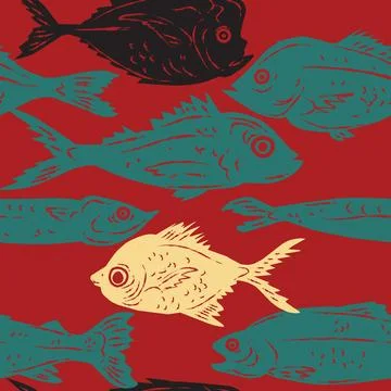 Seamless pattern featuring stylized fish in a linocut or hand-printed graphic Illustrazione stock