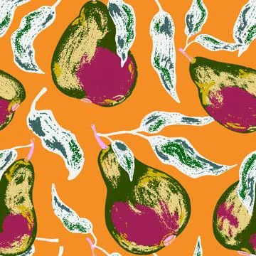 A seamless pattern featuring stylized pears and flowing leaves. The artistic  Stock Illustration