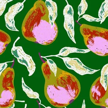 A seamless pattern featuring stylized pears and flowing leaves. The artistic  Stock Illustration