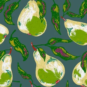 A seamless pattern featuring stylized pears and flowing leaves. The artistic  Stock Illustration