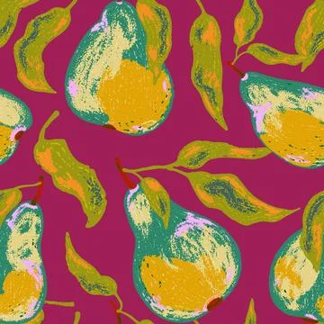 A seamless pattern featuring stylized pears and flowing leaves. The artistic  Stock Illustration