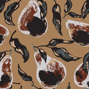 A seamless pattern featuring stylized pears and flowing leaves. The artistic  Stock Illustration