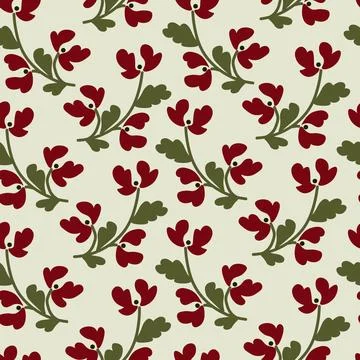 Seamless pattern featuring stylized red flowers with green leaves in folk a.. Stock Illustration