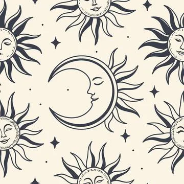 Seamless pattern featuring stylized sun and moon designs on a beige background. Illustrazione stock